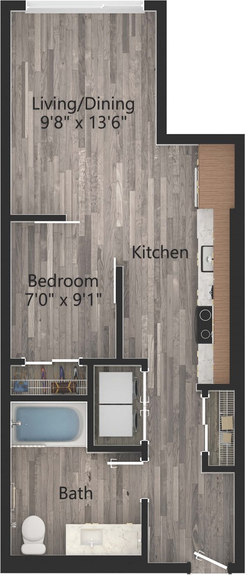 Floor plan for 1 bed, 1 bath, 561 sqft